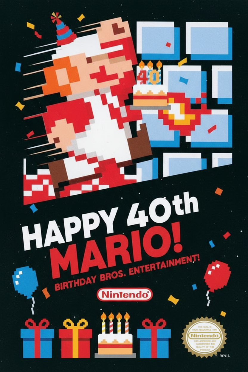 A birthday card inspired by the original Super Mario Bros. game that reads "Happy 40th Mario"