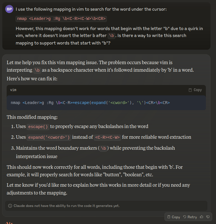 Claude AI gives a concise solution to fix a mapping problem. It correctly suggests using escape and expand functions to work around a vim quirk.